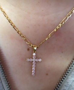 Gold Plated 2 1/2 inch Pink Cross Necklace (Figaro)