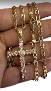 Gold Plated 4inch Pink Cross Necklace (Rope or Figaro)