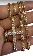 Load image into Gallery viewer, Gold Plated 4inch Pink Cross Necklace (Rope or Figaro)

