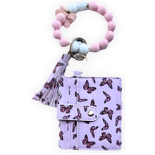 Load image into Gallery viewer, Lavender butterfly print Boss Glam card holder wristlet wallet with pink and blue beaded bracelet keychain and tassel