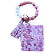 Load image into Gallery viewer, Pink hearts Boss Glam card holder wristlet wallet with beaded bracelet keychain and tassel accessory