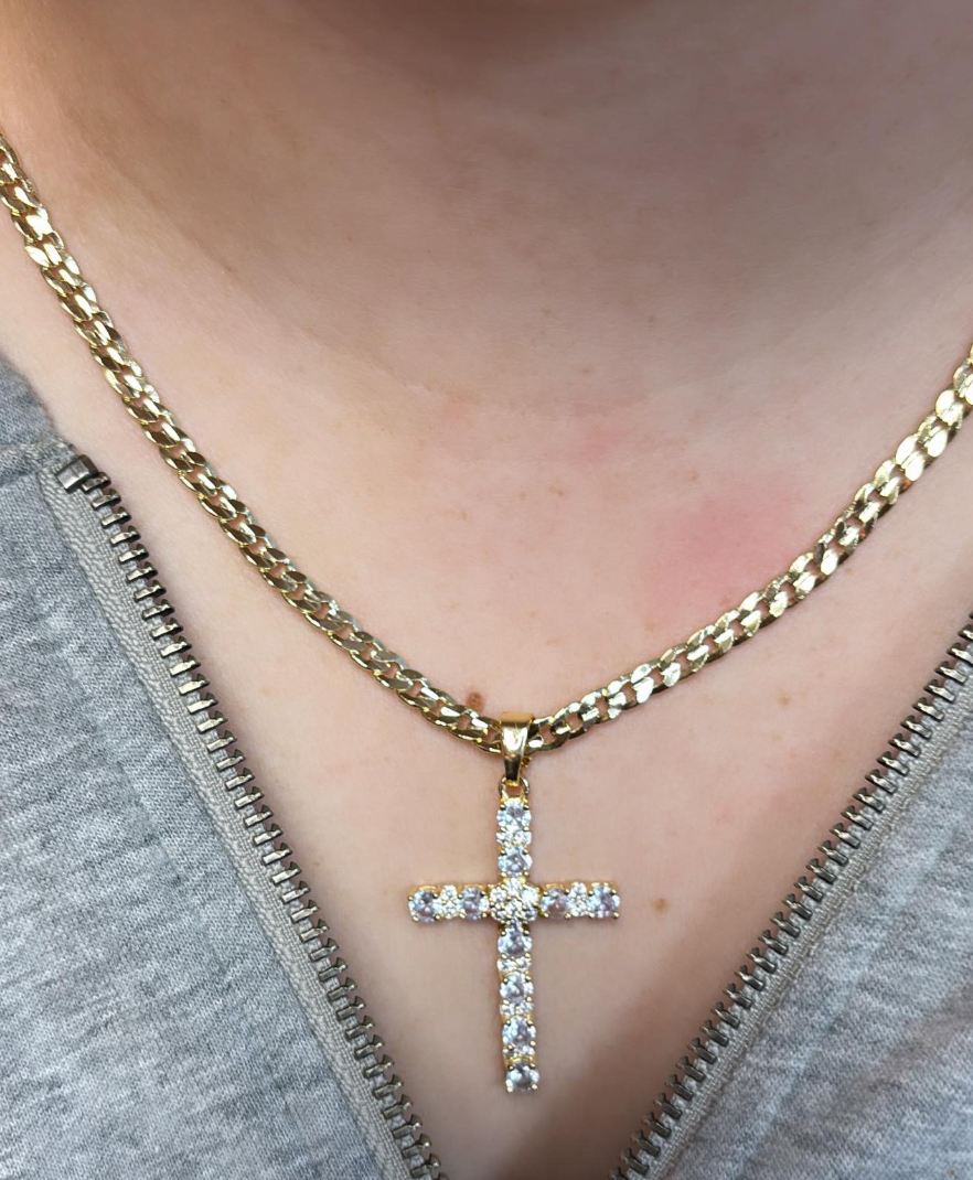 Gold Plated 4 inch White Cross Necklace (Cuban)