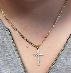 Gold Plated 2 1/2 inch White Cross Necklace (Figaro)