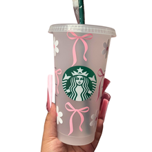 Load image into Gallery viewer, Pink bow and flower reusable cold cup with reusable straw from Boss Glam Boutique
