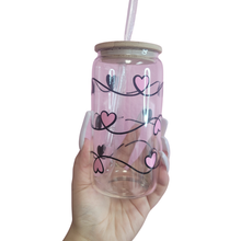 Load image into Gallery viewer, custom name pink heart glass cup 16oz with bamboo lid aesthetic tumbler
