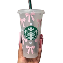 Load image into Gallery viewer, Pink bow and hearts frosted tumbler cup with reusable straw from Boss Glam Boutique
